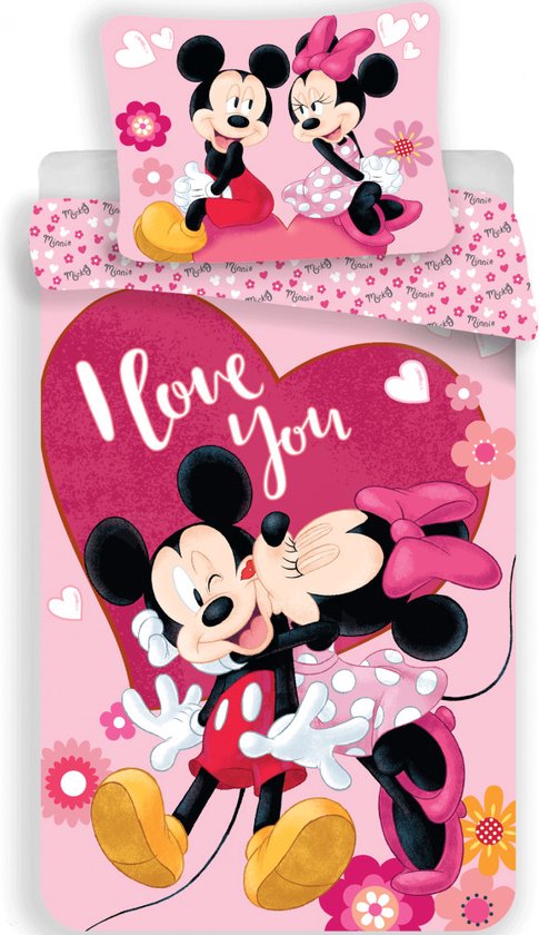 Minnie en Mickey, I Love You - Dekbedovertrek - Eenpersoons - 140 x 200 cm - Polyester